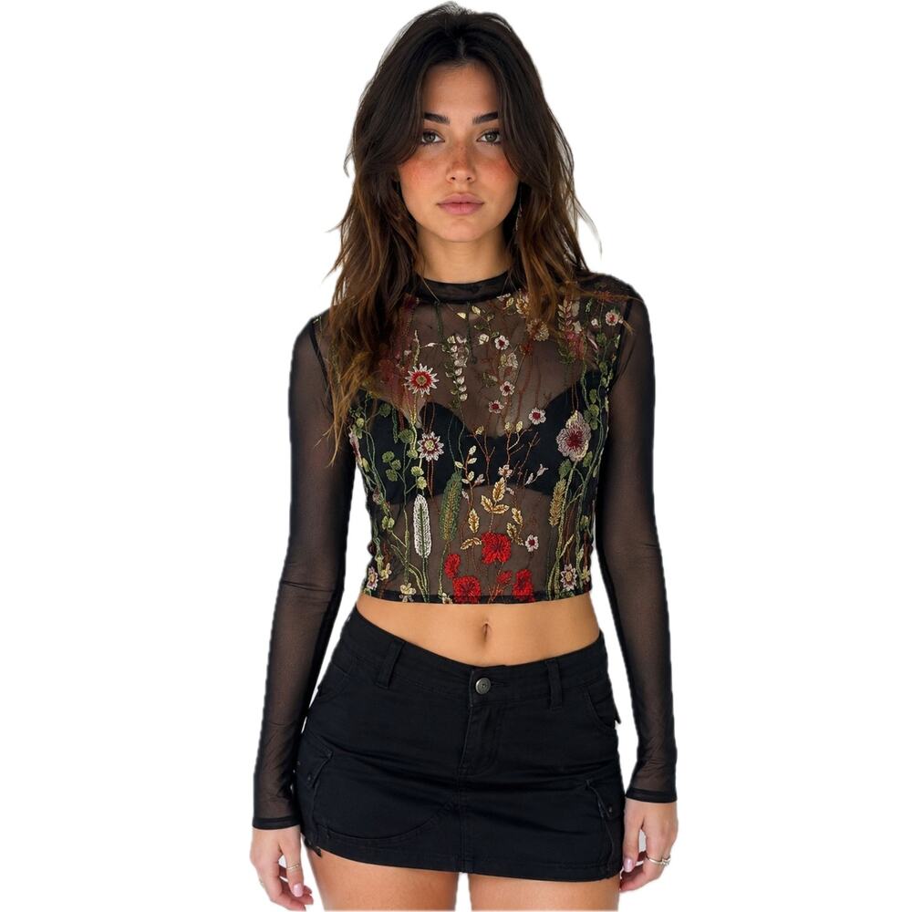 Sheer Floral Embroidered Mesh Crop Top Black Long Sleeve Fairycore Timing Large
